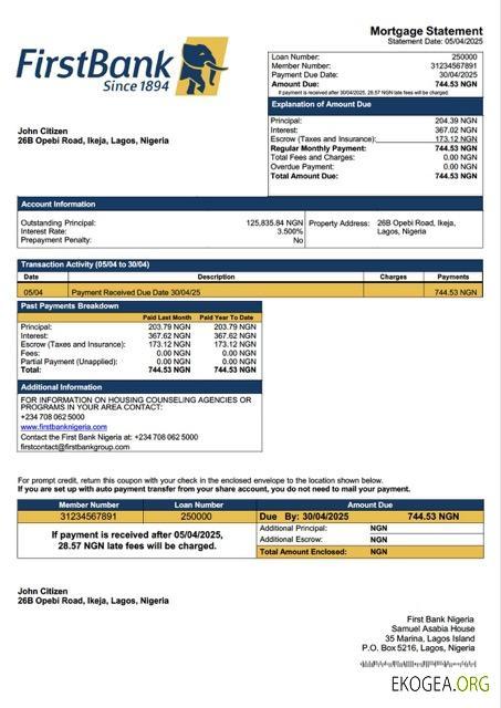 Modèle Word et PDF de relevé hypothécaire de la Nigeria First Bank Nigeria